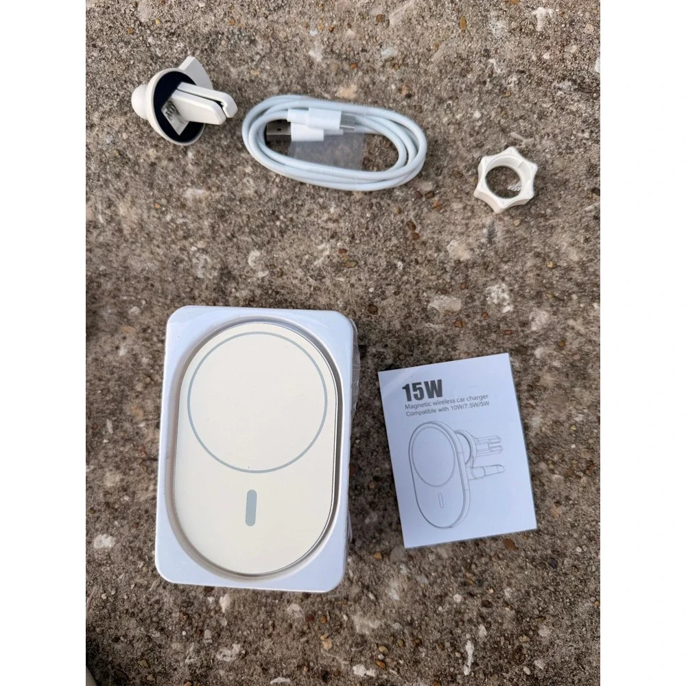 15W Magnetic Wireless Car Charger Air Vent Mount MagSafe Compatible White Silver